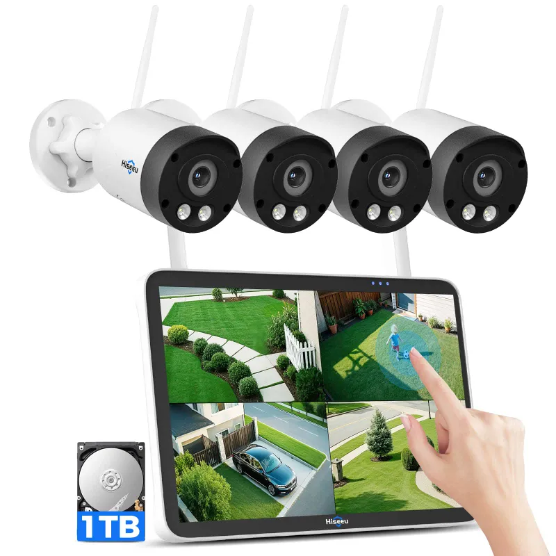 Hiseeu 8MP 4K wireless security system with 10-inch touchscreen monitor and bullet camera