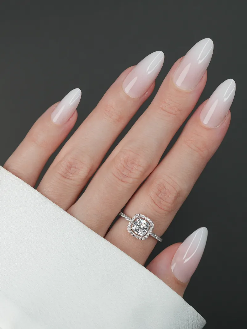 Roxy Nails Paris Belle de jour press on nails in long almond shape with pink to white ombré gradient