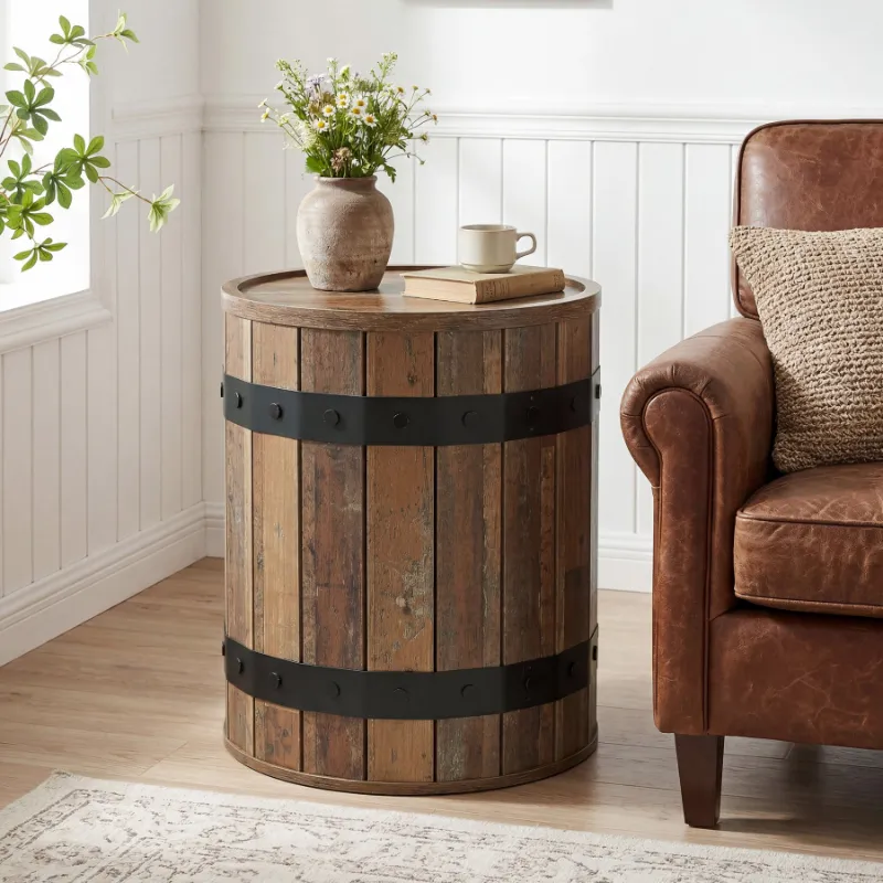 Tribesigns barrel side table with hidden storage, wood panels, and black metal bands in farmhouse style