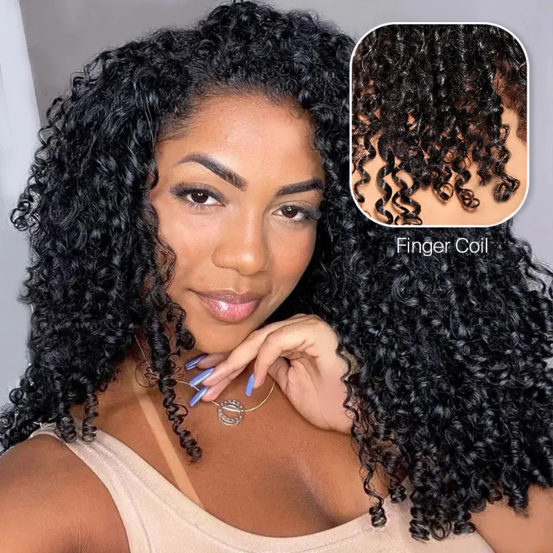 Megalook 13x6 Three-Go Glueless Wig Finger Coil black finger coil wig with lace tapes included