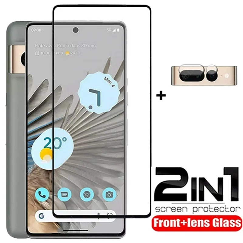 The Pixel Case Google Pixel 7 Pro 2in1 Full Screen Protector packaging showing tempered glass screen and lens protector