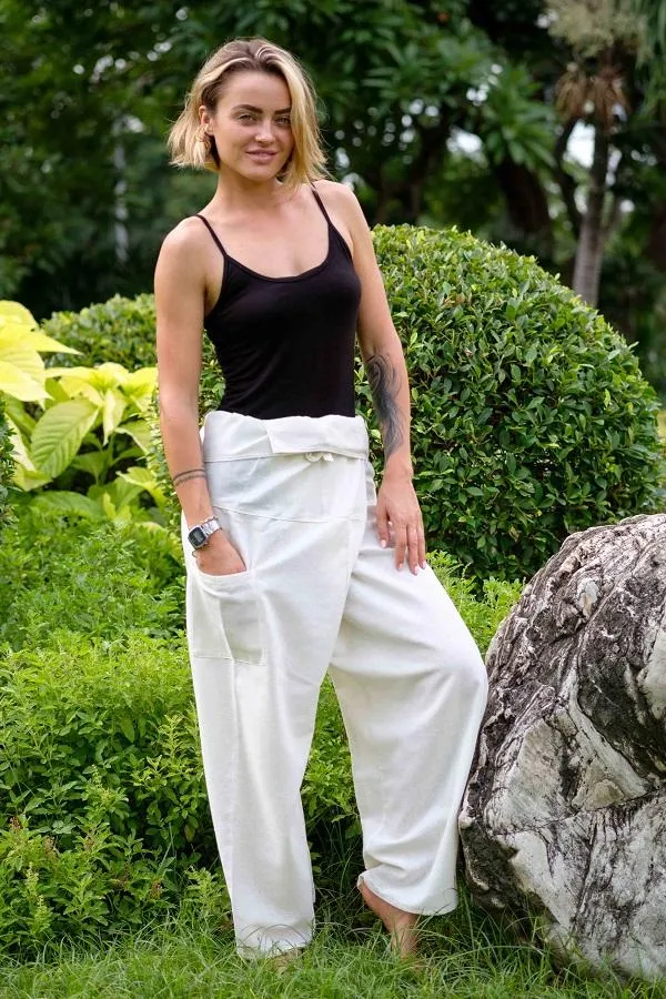 Hippie Pants White Fisherman Pants, white wrap pants shown tied