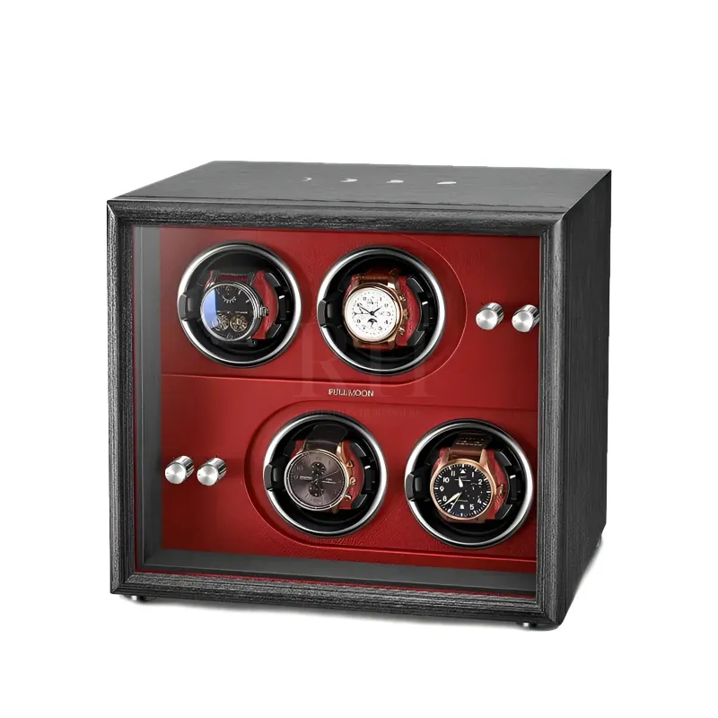 Rotation Horlogère Remontoir Montre Le Carré Élégance Rouge black oak and red leather four-watch winder