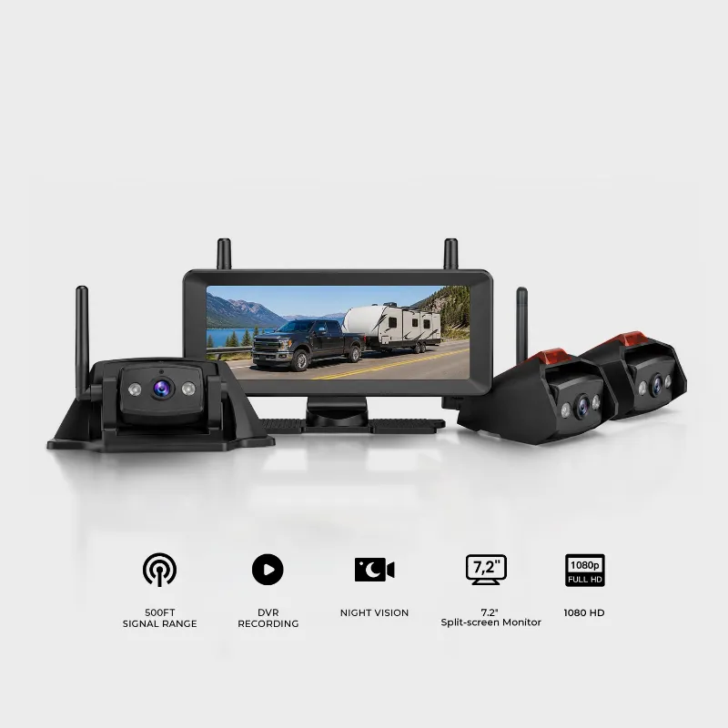 AUTO-VOX WF4 3-channel 1080P RV camera system with monitor and three cameras for full rear and side coverage