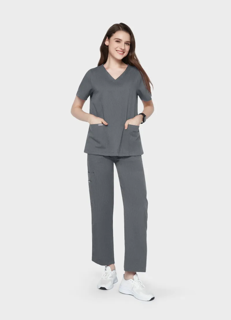 COMENII StyleFlex 10-Pocket Essential Scrub Set in Graphite, front view showing V-neck top and cargo pants