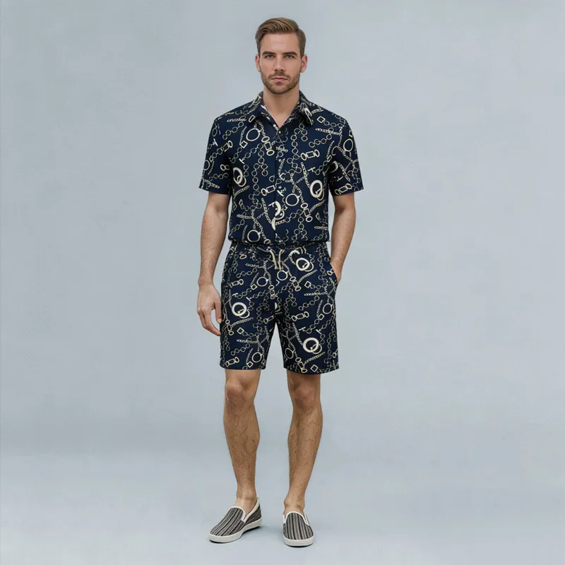 Cloudstyle 2-Piece Hawaii Print Style Summer Suit Navy, navy printed shirt and shorts
