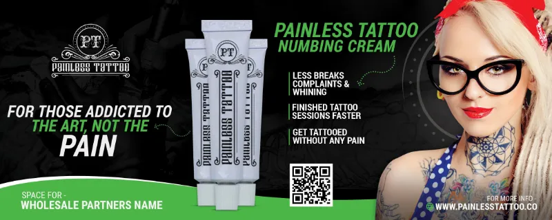 Painless Tattoo horizontal banner design 2 displayed at a convention booth
