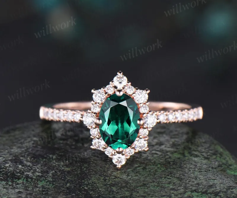 WillWork Jewelry 1ct oval cut green emerald ring vintage snowdrift halo engagement ring women 14k rose gold, oval emerald with diamond halo