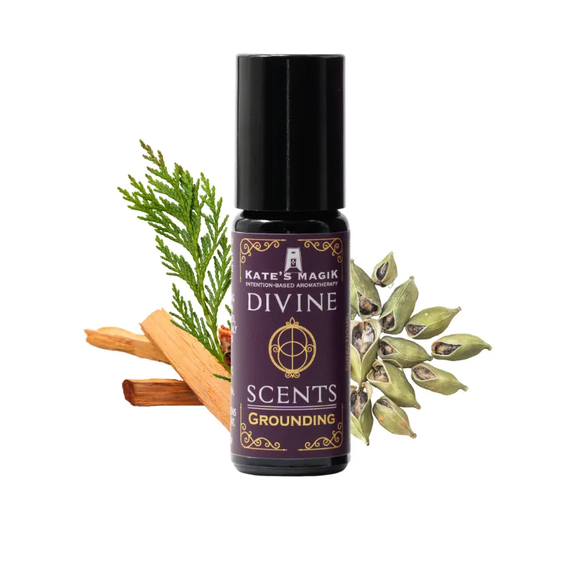 Kates Magik Divine Scent Grounding natural roll-on perfume in violet glass bottle