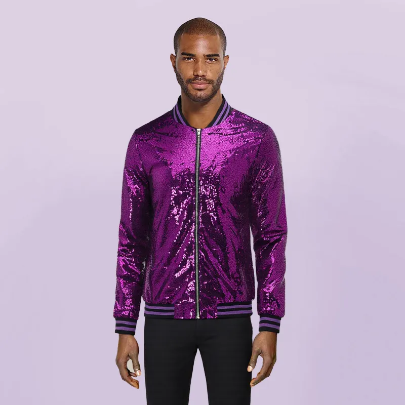 Cloudstyle J27 Series Sequins Stand Collar Stage Jacket Purple with lined interior