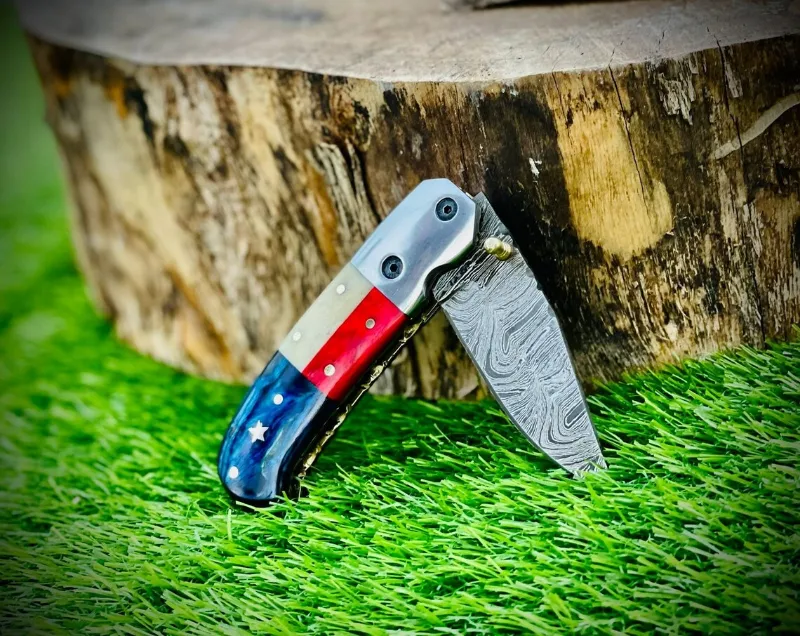 MyHackerTech Custom Handmade Texas Flag Damascus Steel Folding Pocket Knife with exotic wood-bone handle
