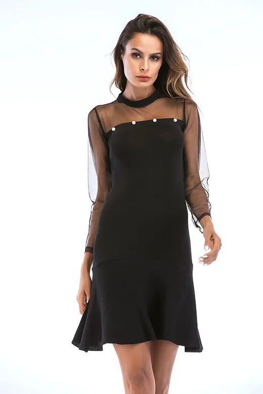 Mislish Black Mesh Sleeve Ruffle Hem Beading Dress, knee-length black dress with ruffled hem