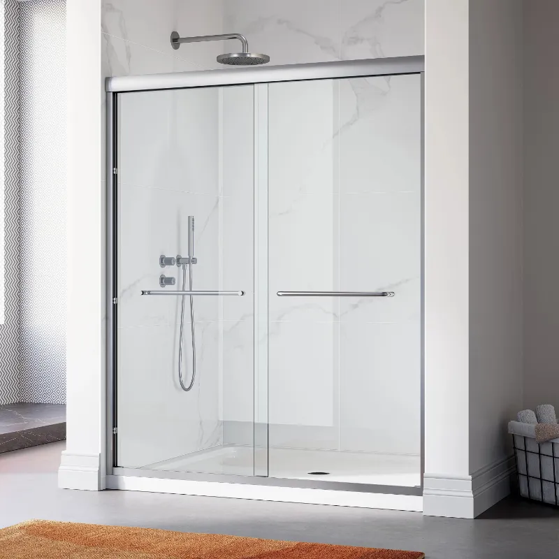 HOROW 60 Inch Double Sliding Shower Door with Thick Aluminum Frame in brushed nickel