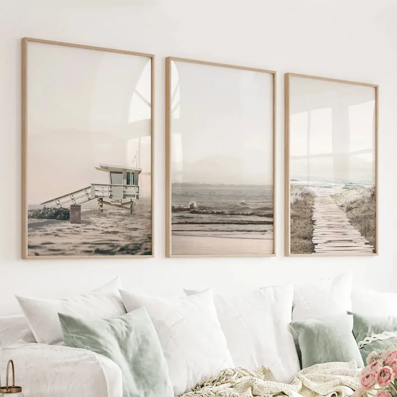 Wall Art Set 3 Piece Beige Coastal Wall Art Waves Beach Path Lifeguard