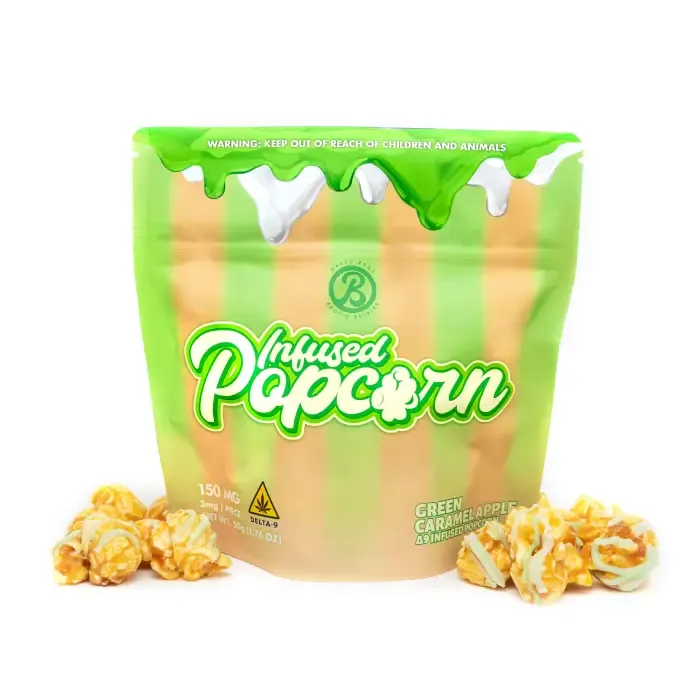 Baked Bags Infused Popcorn Green Caramel Apple flavor coated kernels in bag