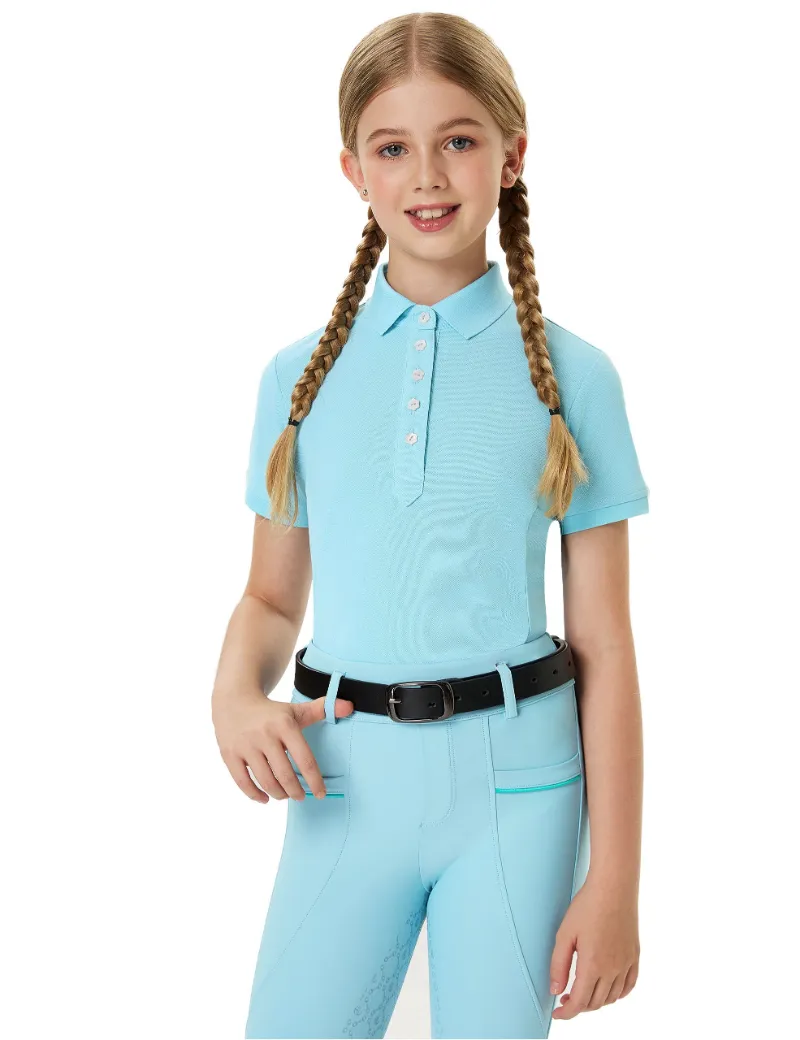 FiTST4 Girls T-shirt Polo Collar Flower Buttons in moisture-wicking fabric