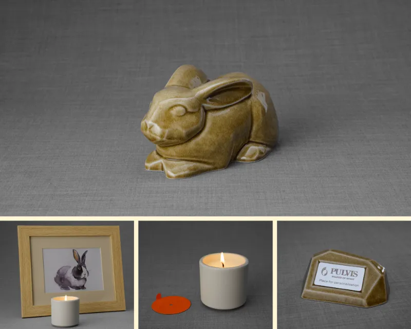 Pulvis Art Urns Bunny Memorial Bundle including custom portrait, ceramic urn, nameplate holder, and scented candle