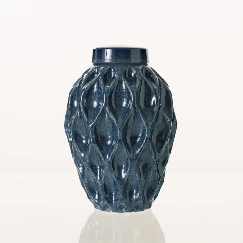 Pulvis Art Urns Echo 3D Printed Ceramic Urn in Blue Melange, Large size displaying intricate textured pattern