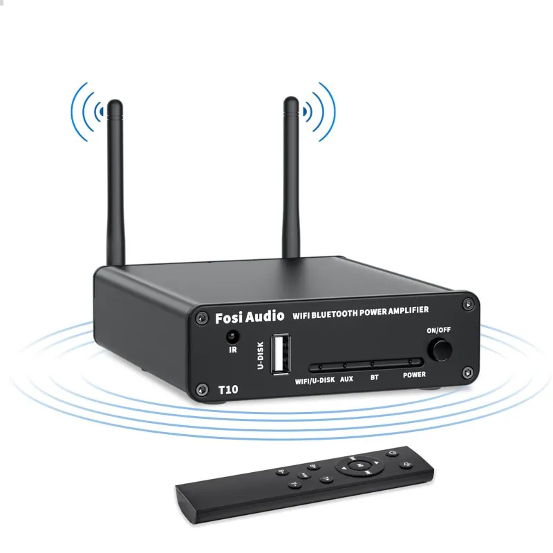 Fosi Audio T10 WiFi & Bluetooth Amplifier with connectivity panel and control interface