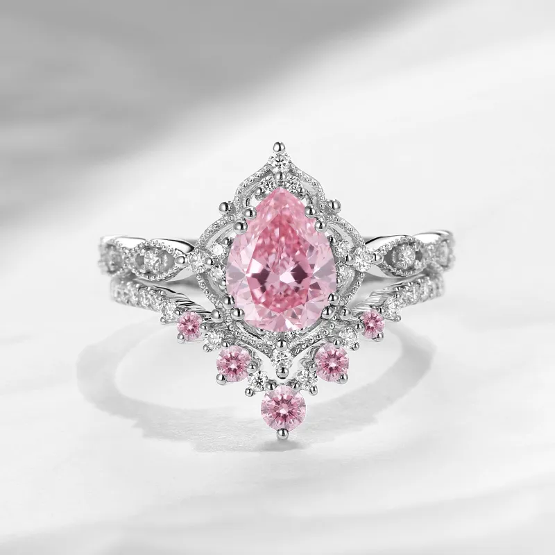 Starlandus Elara antique pear cut IGI certified lab pink diamond engagement ring set with milgrain