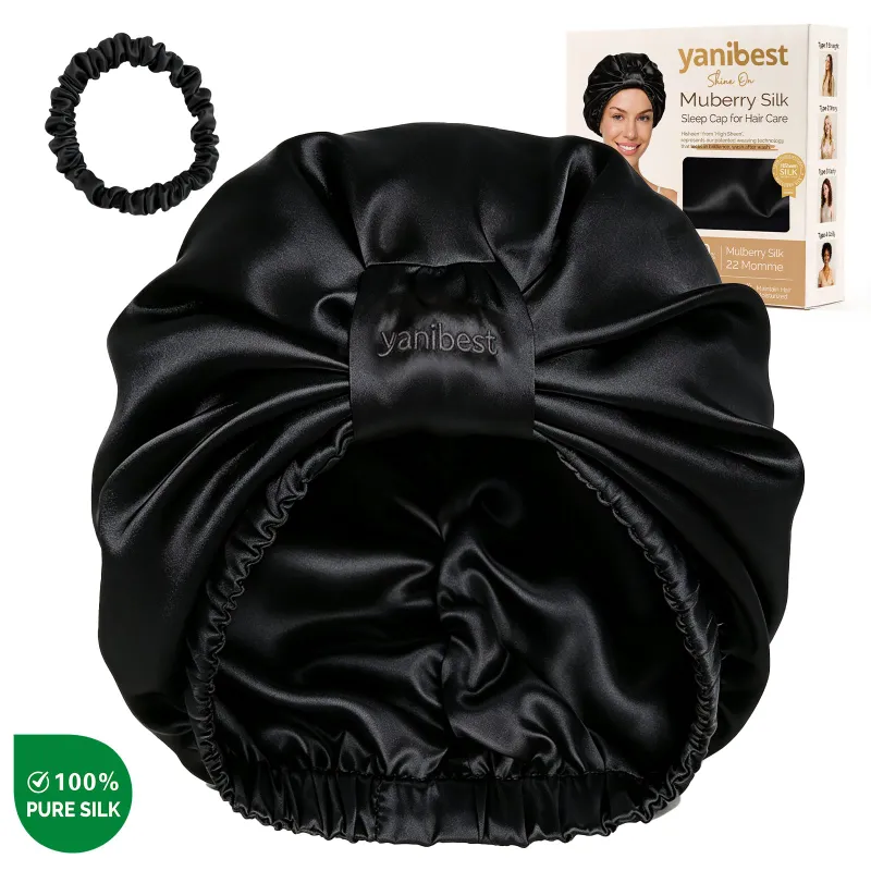 Yanibest Mulberry Silk Bonnet 22 MOMME 6A Turban in black shown wrapped on model