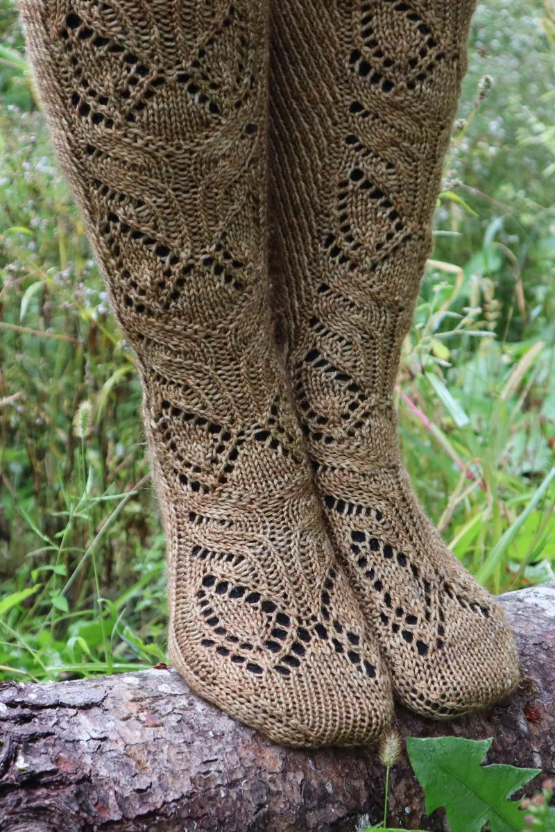 Kristen TenDyke Autumn Field Socks knitting pattern showing lace and cable detail on socks