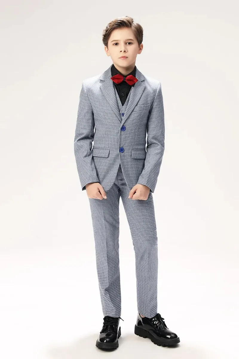 Wehilion Black and white Plaid Elegant 5 Piece Boys Suits with shirt and bow tie