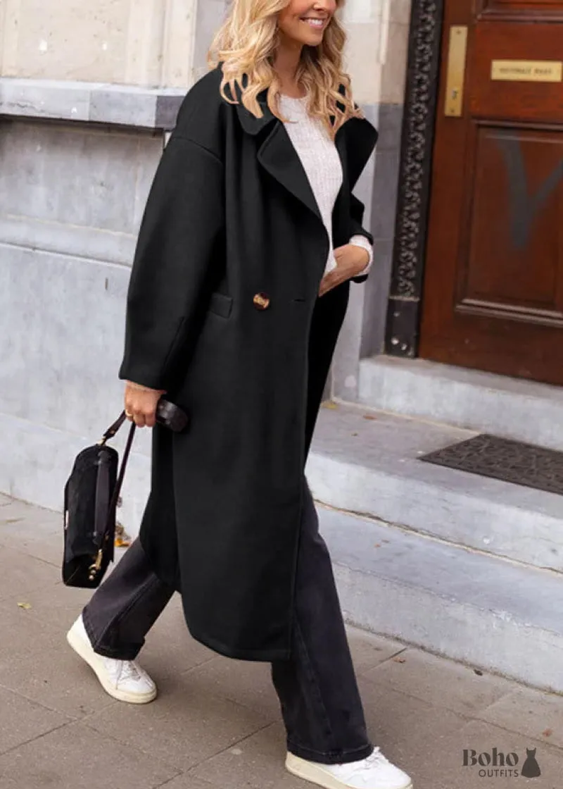 Boho Dress 2024 Long Black Woolen Coat Women's Blazers Tux, black tuxedo-style coat product photo