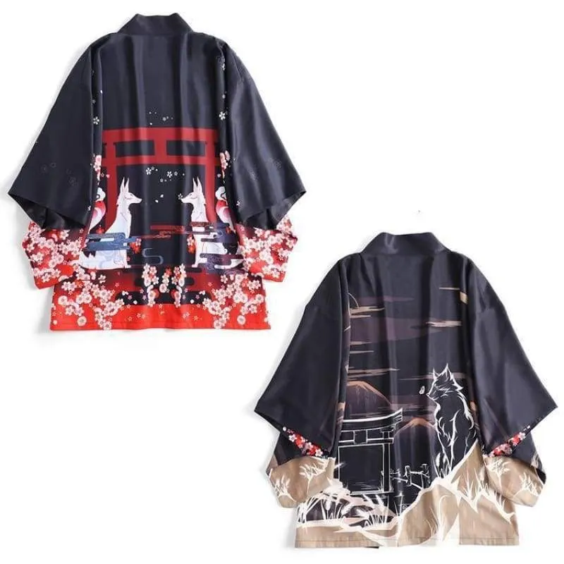 Foxtume Reversible Inari Haori showing Torii and fox design on one side and Sakura Inari on the other
