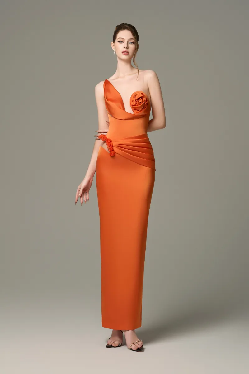 Kalisa Elegant Silk Floral Bust Draped Maxi Dress in full-length view