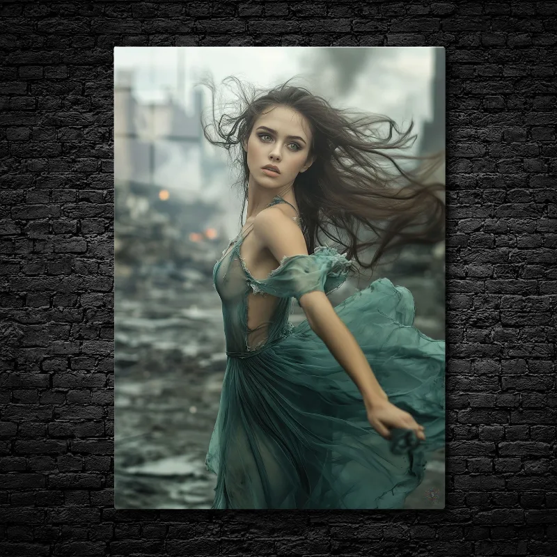 CruArt Emerald Escape metal print showing woman in tattered emerald gown amid smoky ruins
