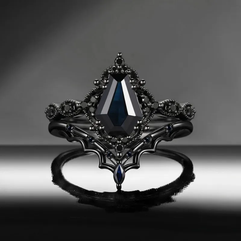 Starlandus 'Bat's Whisper' Gothic Coffin Natural Black Sapphire Alternative Bridal Engagement Ring Set with Bat Wings in Black Gold