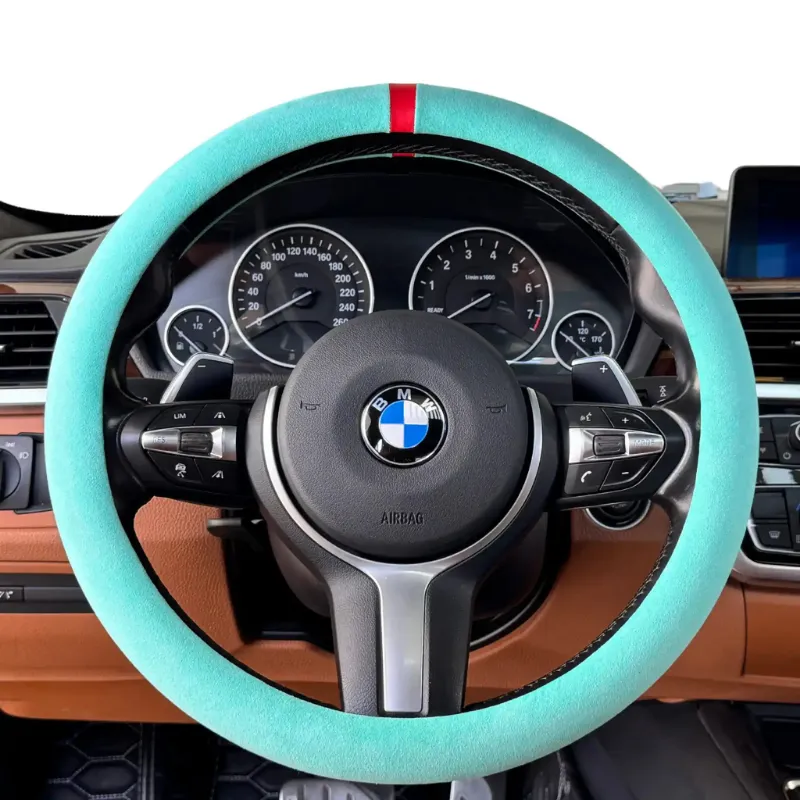 Luxus Car Mats Alcantara Full Steering Wheel Cover in Tiffany Blue shown on a steering wheel