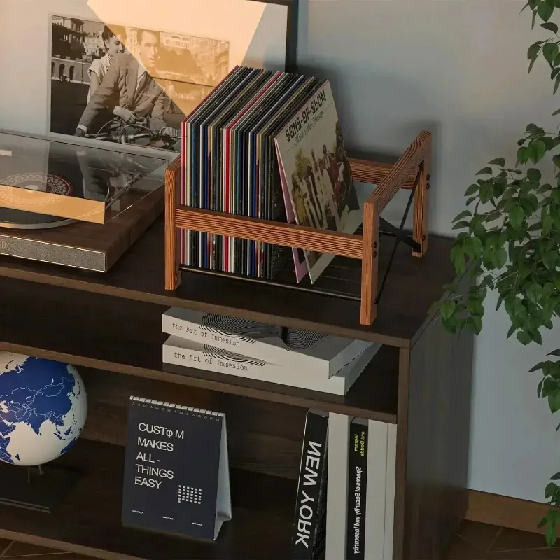 Retrolife Iron & Pine Wood LP Organizer for 50 to 100 Albums showing X-shaped black metal rack with natural wood accents