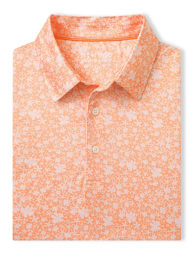 DTWOOO Men's Print Performance Polo in Peach Petal Step print, collared golf polo with floral pattern