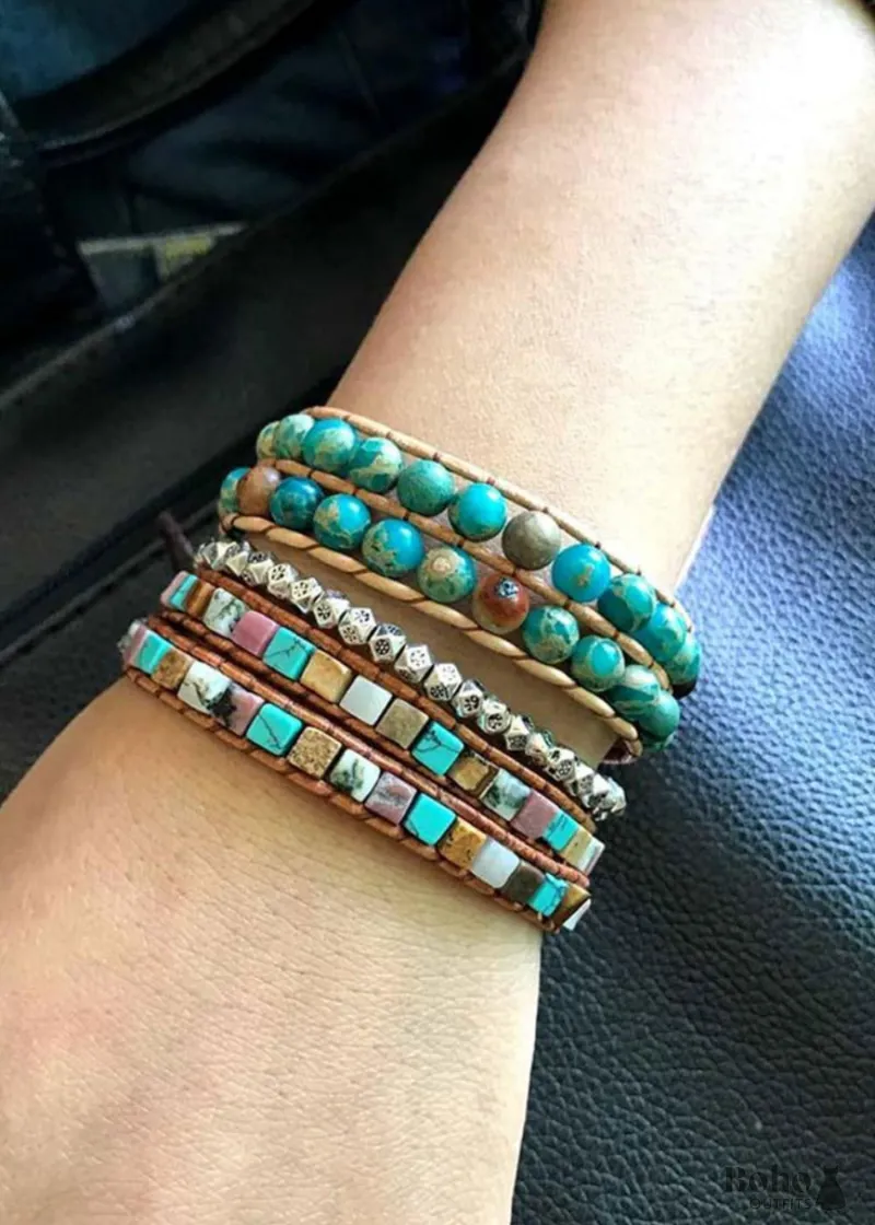 Boho Dress Boho Bracelet, Layers Leather Wrap Bracelet, 6 mm Jasper Stones leather and natural stone wrap bracelet