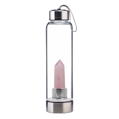 VOLTLIN Rose Quartz Crystal Point Water Bottle with glass bottle and crystal base on display