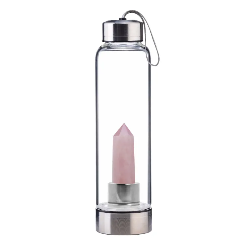 VOLTLIN Rose Quartz Crystal Point Water Bottle with glass bottle and crystal base on display