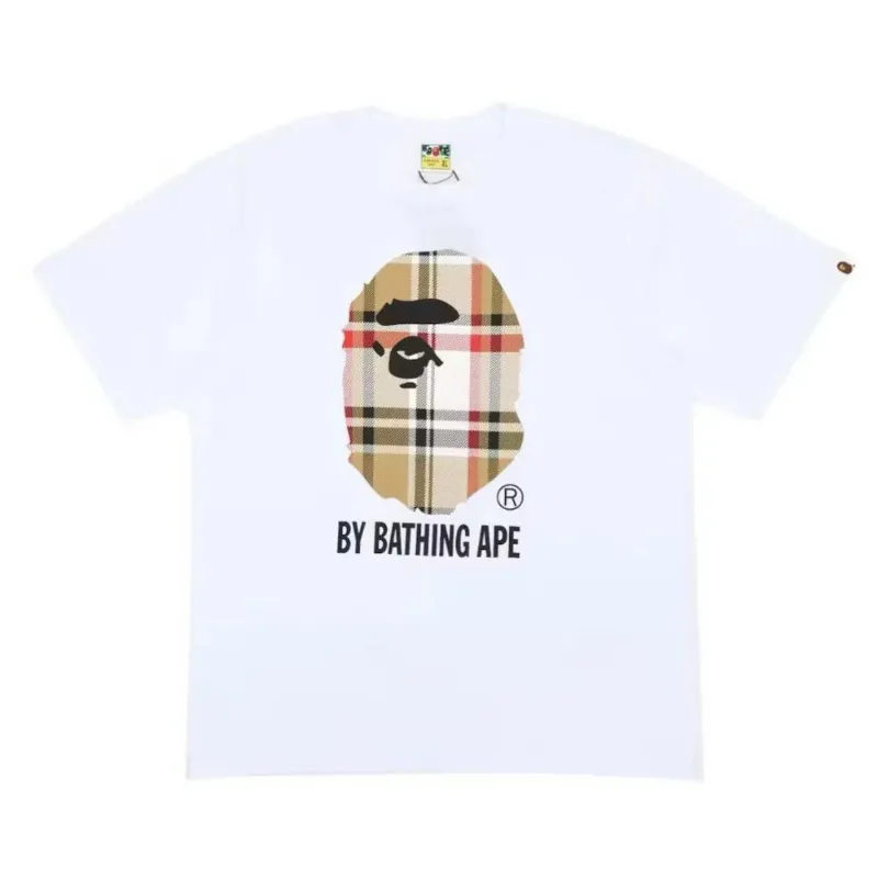 AfewVibe BAPE A Bathing Ape Check by Bathing Tee White Beige with beige checked logo on white crewneck