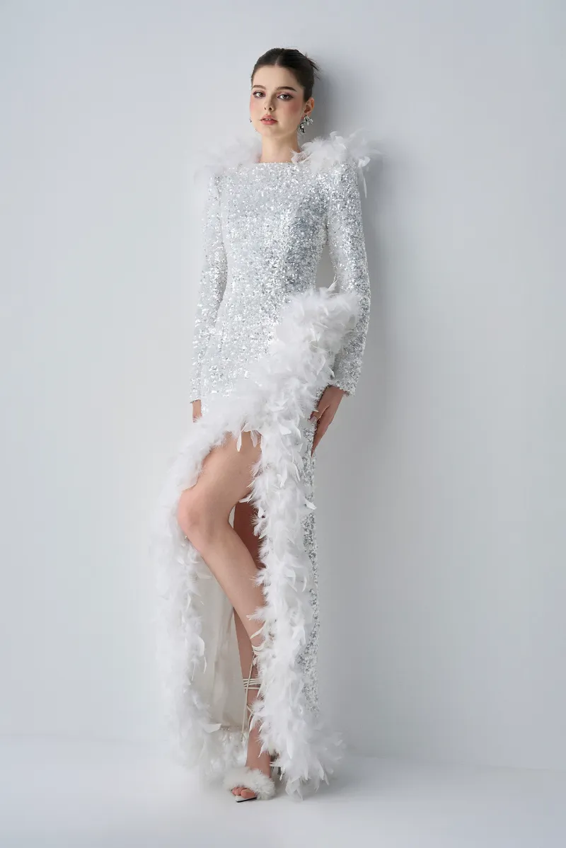 Kalisa Lorelei Glamorous Evening Long Sleeves With Feather Thigh Split Maxi Dress full-length gown with feathered slit