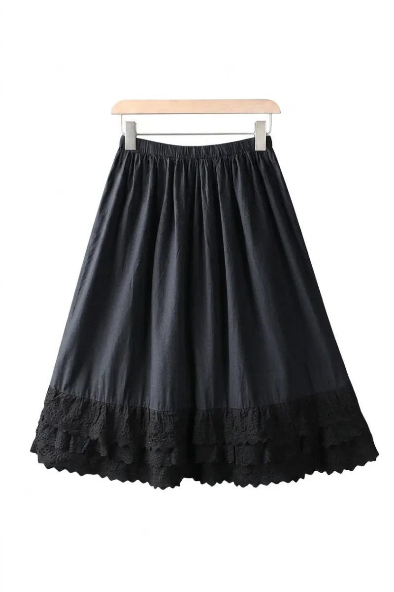Cottagecore Clothes Dark Cottagecore Gathered Midi Skirt in black with layered lace ruffles at hem