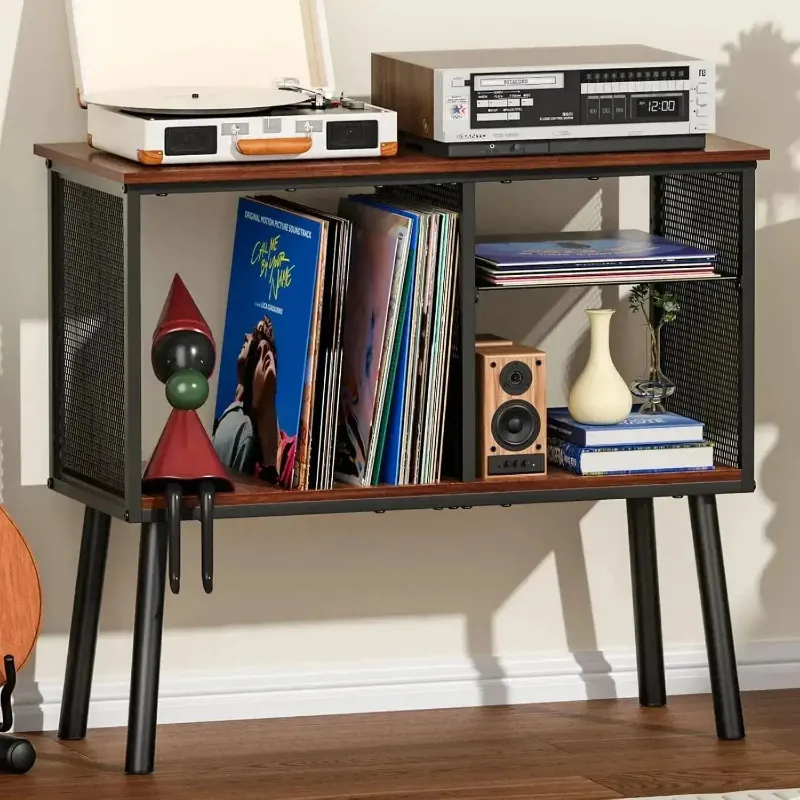 Retrolife 3-Compartment Vinyl Record Storage Stand with Adjustable Divider featuring iron frame and wood panels