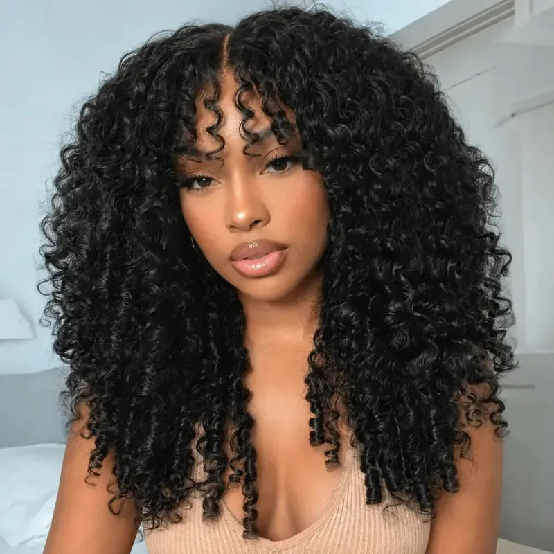 Hairsofly Shop (Kelsie) Burmese Curly Human Hair Wig with Bangs, curly textured hair with defined finger coil ends on 7x5 lace