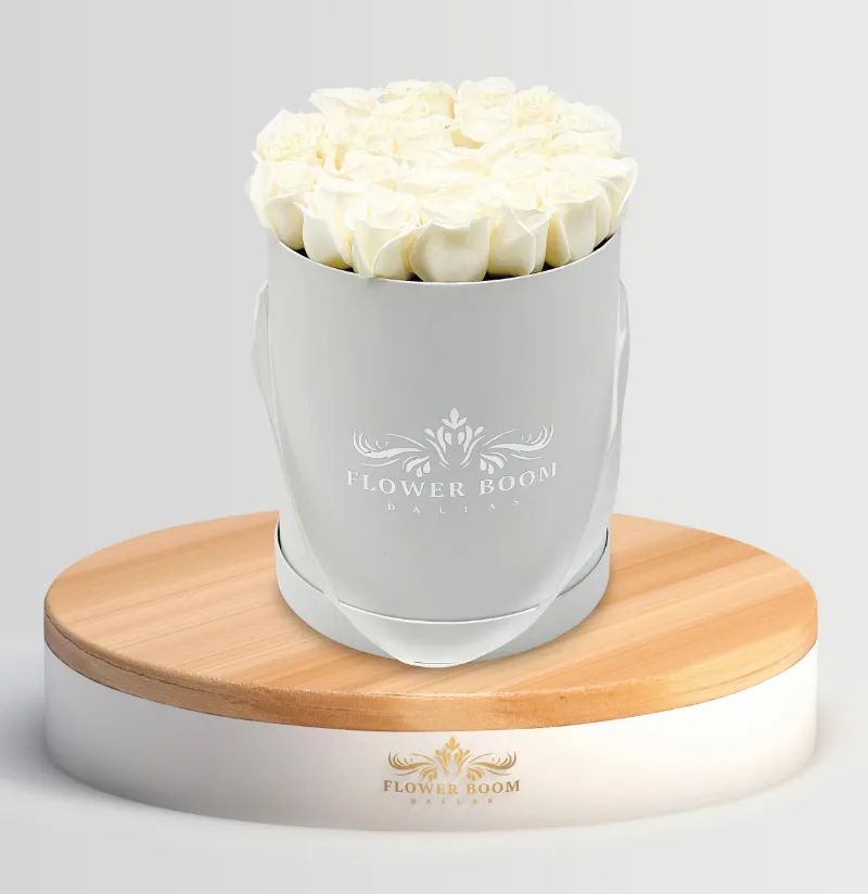 Flower Boom Dallas Classic White Roses In A Box with up to 25 signature white roses in presentation box