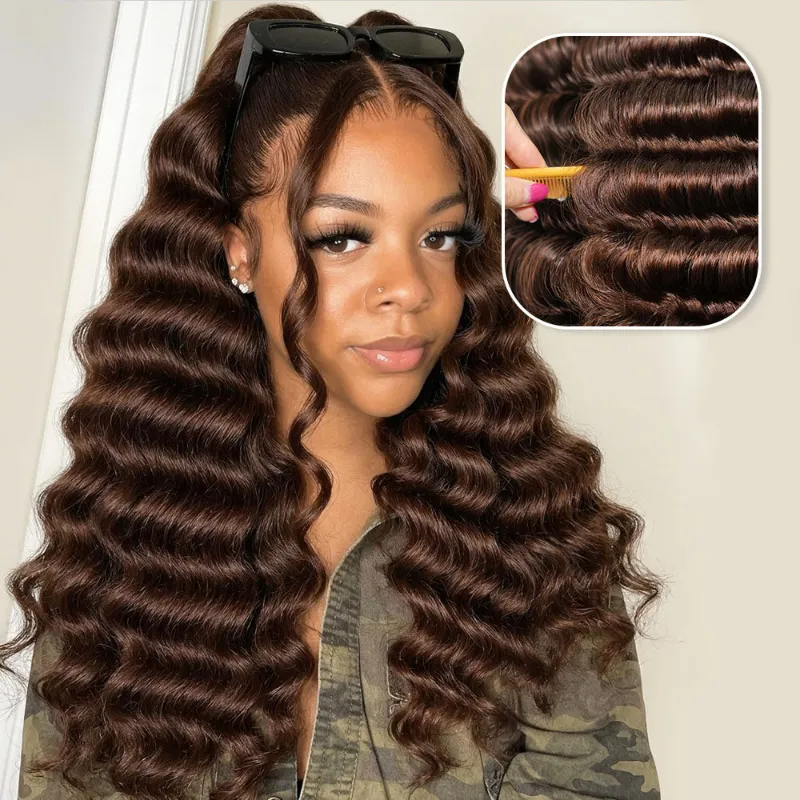 Megalook 13x6 Three-Go Chocolate Brown Loose Deep Wave Glueless Wig with natural hairline and drawstring
