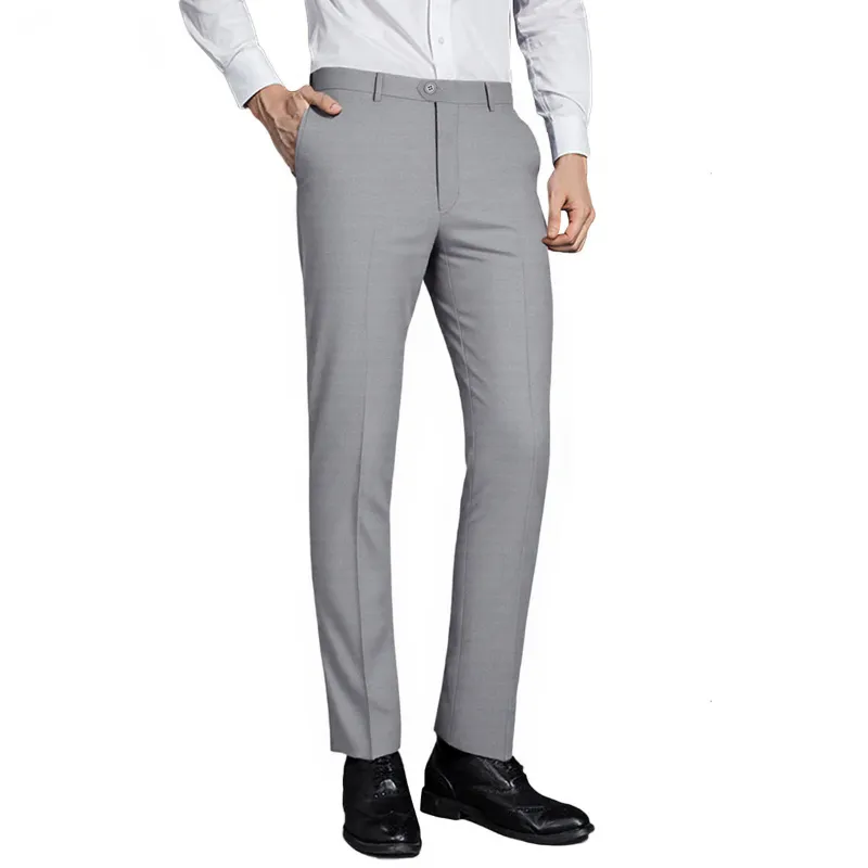 Cloudstyle Classic Slim Fit Stretch Flat Front Slacks Dress Pants Light Grey, front view