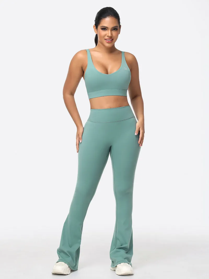 Zuluzenith 2-Piece Green Activewear Set For Women with adjustable sports bra and high-waist flare leggings
