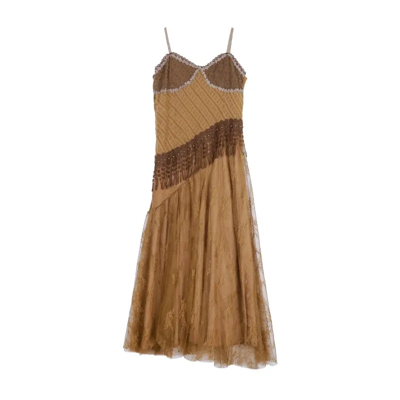 Cottagecore Clothes Earthy Fairy Grunge Fringe Midi Dress with fringe trim detail