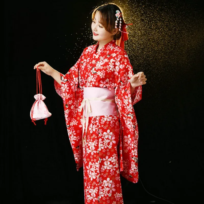 Foxtume Sakura and Butterfly Festival Women Yukata in red, black, or purple with cherry blossom and butterfly print