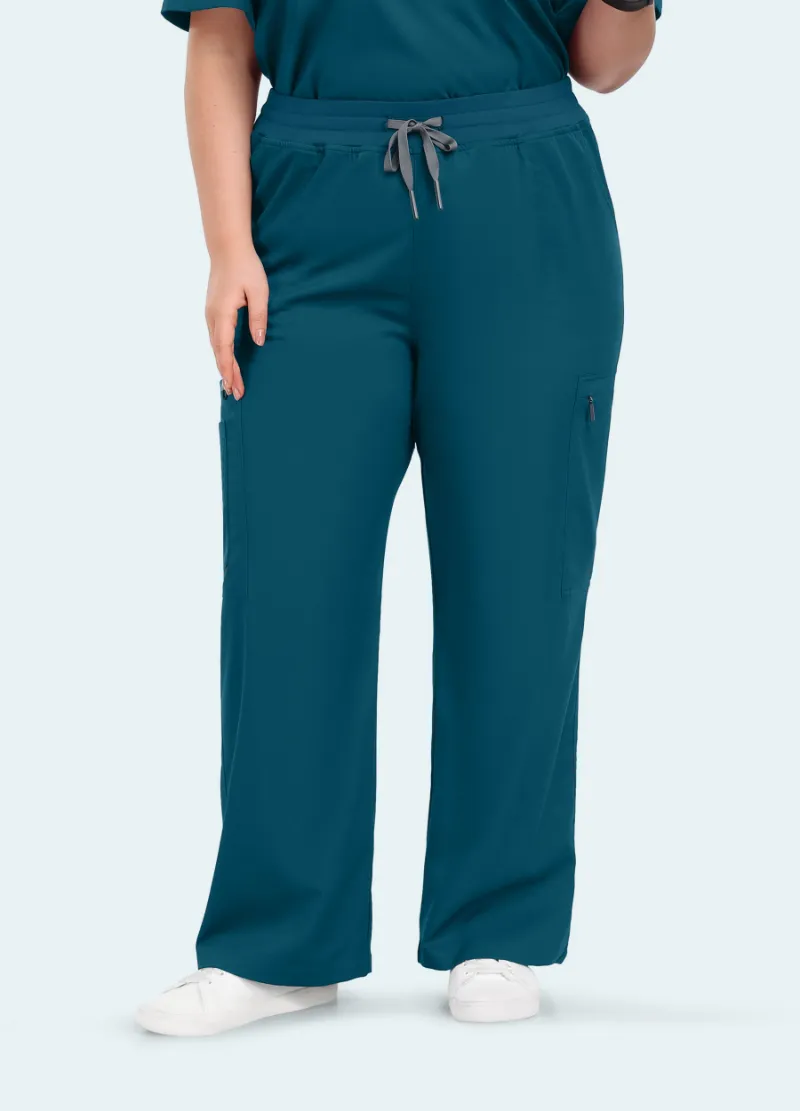 COMENII StyleFlex 7-Pocket Plus Size Scrub Pants in Caribbean blue, wide-leg design